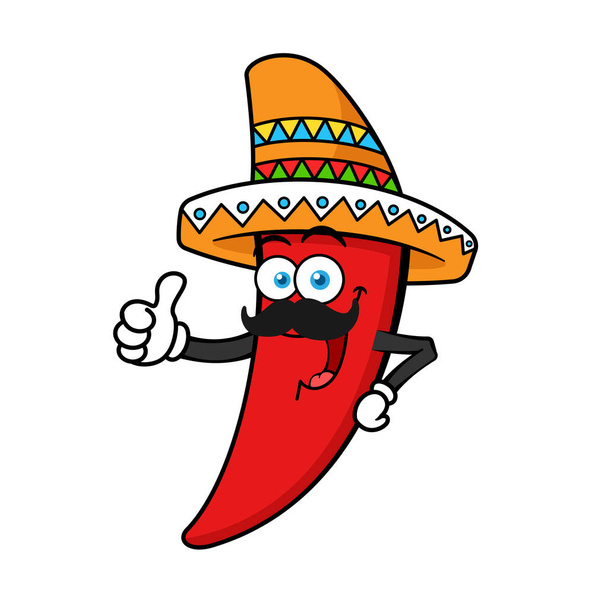Cartoon Chilli Pepper Wearing Sombrero Hat - Вектор,изображение
