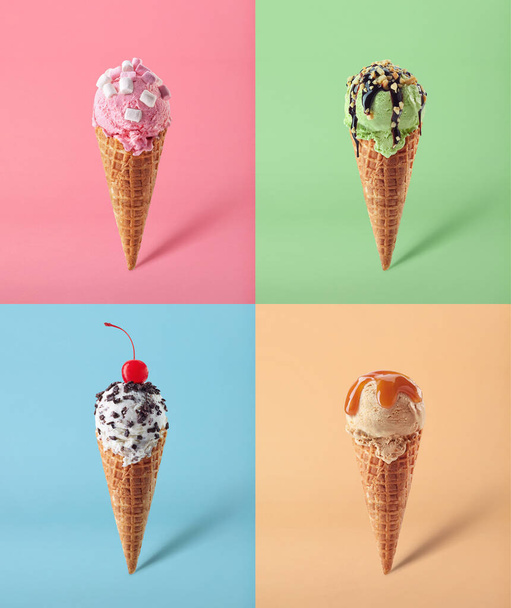 Čtyři zmrzlinové kornouty na různých barevných pozadích. Bílá vanilka, růžová jahoda, zelená pistáciová a hnědá karamelová příchuť. Styl pop art. - Fotografie, Obrázek