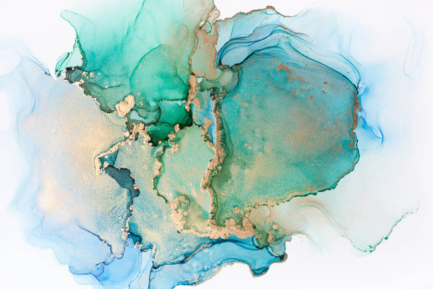 Close-up of blue and green alcohol ink abstract texture, trendy wallpaper. Art for design project as background for invitation, poster, presentation - 写真・画像