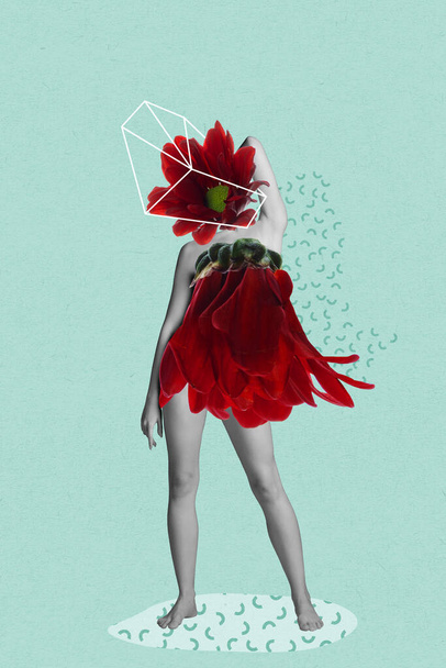 Surrealism. Contemporary art collage. Slim female body with beautiful flower insted clothes isolated on light background. Concept of summertime, vacation, resort, mood, beauty, art - 写真・画像