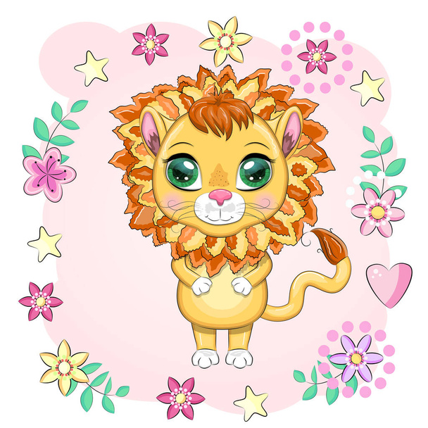 Cartoon lion with expressive eyes with flowers. Wild animals, character, childish cute style - Vector, Image