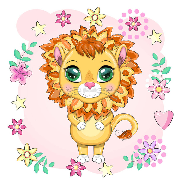 Cartoon lion with expressive eyes with flowers. Wild animals, character, childish cute style - Vector, Image