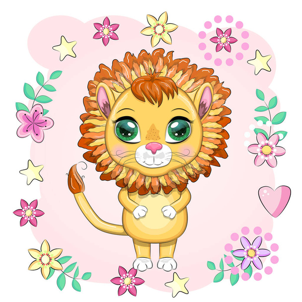 Cartoon lion with expressive eyes with flowers. Wild animals, character, childish cute style - ベクター画像