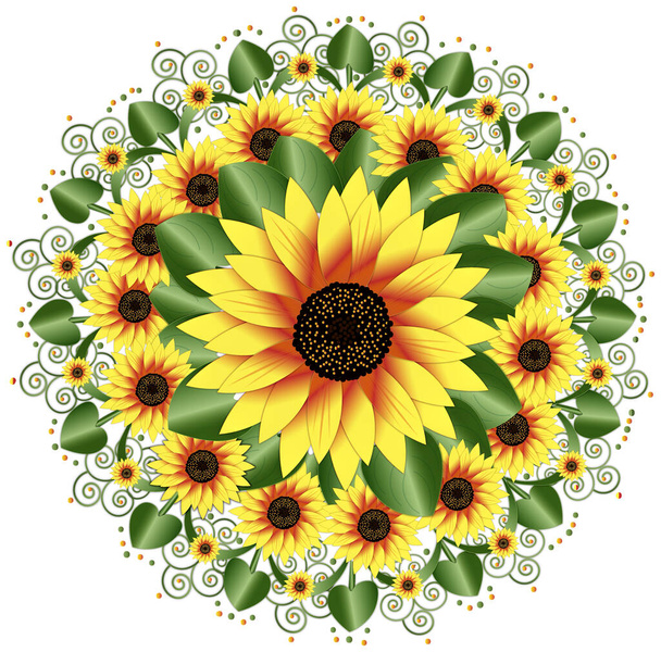 Beyaz arkaplanda izole edilmiş parlak ayçiçeği motifi - Fotoğraf, Görsel