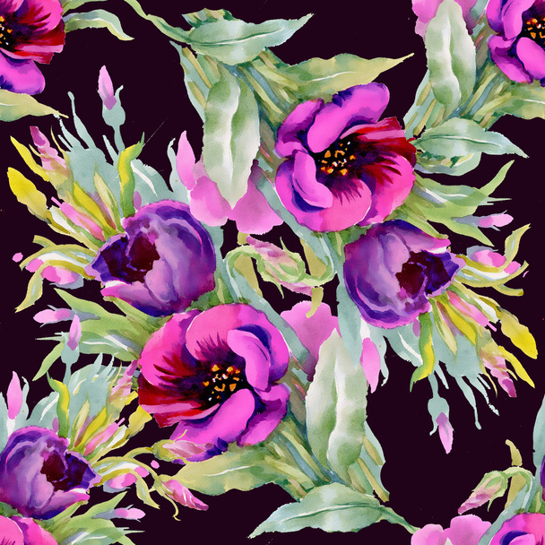 Watercolor purple flowers seamless pattern - Foto, Imagem