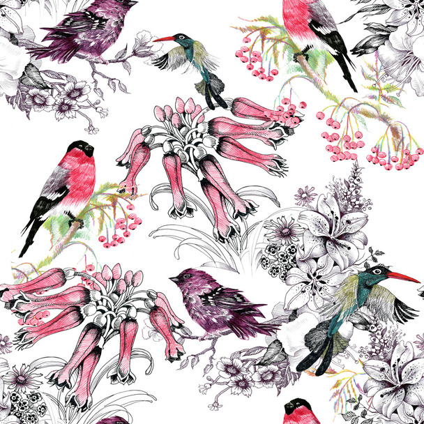 Birds on branch with flowers - Zdjęcie, obraz