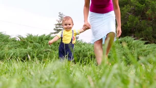 Lindo bebé niño haciendo sus primeros pasos en la hierba
 - Metraje, vídeo