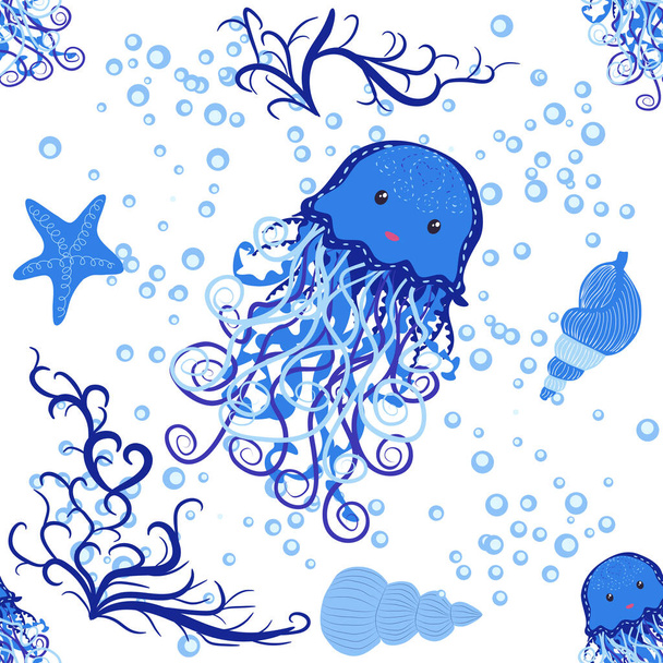 Jellyfish animals bright seamless patterns. Seamless pattern with detailed jellyfish. cute hand drawn fishes and jellyfishes in doodle style. Trendy nursery background. - Vettoriali, immagini