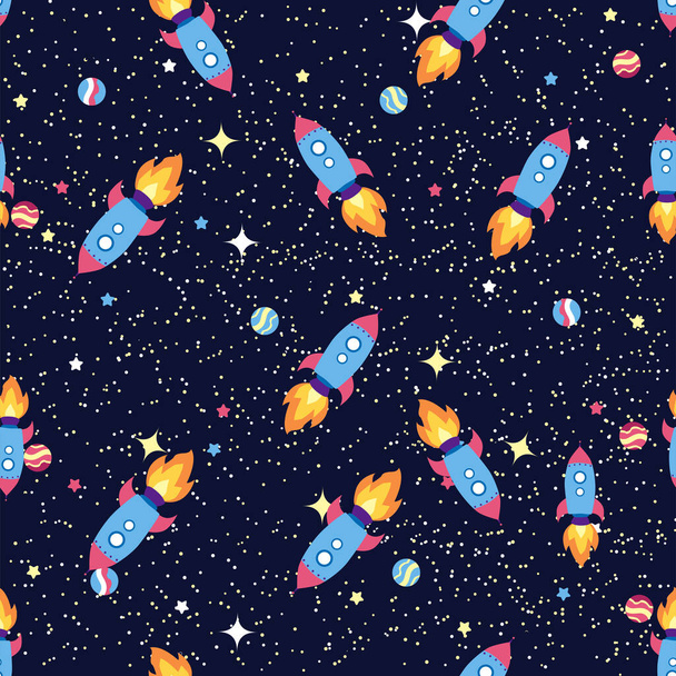 Seamless space pattern. Planets, rockets and stars. Cartoon spaceship. Childish background. Hand drawn illustration. - Vector, afbeelding