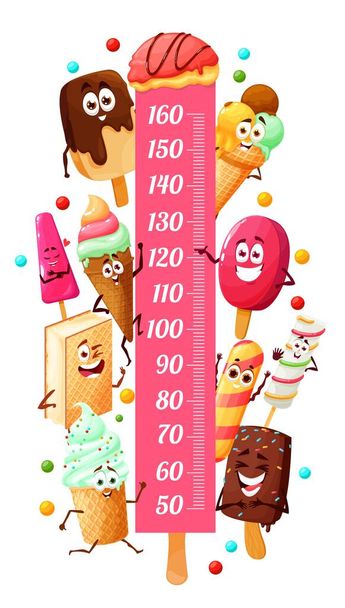Tableau de taille pour enfants avec desserts à la crème glacée et personnages de dessins animés, compteur de croissance vectorielle. Règle de mesure enfant ou graphique en hauteur avec desserts glacés, chocolat et gelato aux fruits dans des cônes de gaufrettes - Vecteur, image