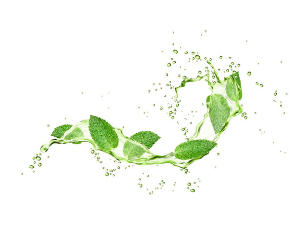 Зелене листя м'яти і трав'яні чайні хвилі розбризкують потік. Ментол, м'ята, мача реалістичний векторний напій розливання з хвилястою текстурою та вибухом крапель, напої з ароматної трави ізольовані 3d струмка
 - Вектор, зображення