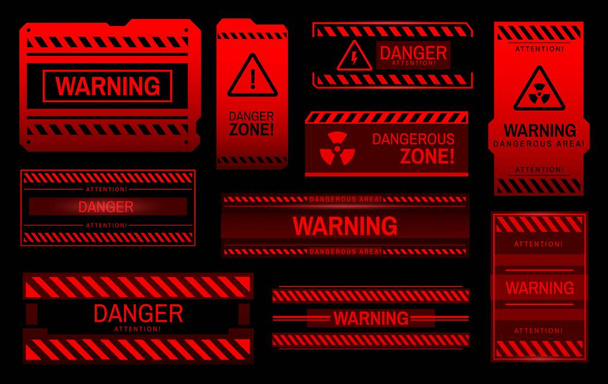 Figyelmeztetés, figyelem, riadó, figyelmeztetés és veszélyes vörös zóna jelek. Vektorveszély vagy veszélyjelzés vörös háromszöggel, felkiáltójellel, nagyfeszültségű és nukleáris sugárzással kapcsolatos figyelmeztetéssel, izolált háttérrel - Vektor, kép