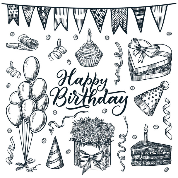 Születésnapi ünnepség ikonok. Vektor vázlat illusztráció rózsa csokor, cukorka szív doboz, torta és lufik. Kézzel rajzolt design elemek és Boldog születésnapot betű meghívó vagy üdvözlőlap - Vektor, kép