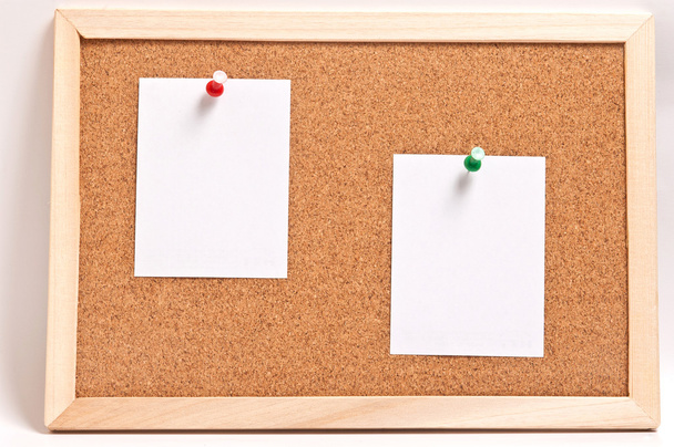 Cork board with blank notes, isolated on white - Photo, Image