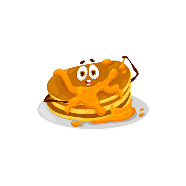 Cartoon pancake with caramel and honey or maple syrup and butter. Vector breakfast food character, cute stack of hot pancakes or crepes with sweet toppings and happy smiling face, tasty dessert emoji - Vector, Image