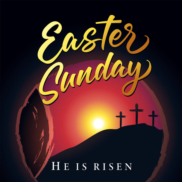 Easter Sunday morning, He is risen, Calvary and tomb. Holy week poster with lettering, cave with tomb and crosses on background. Vector illustration - Vector, Image