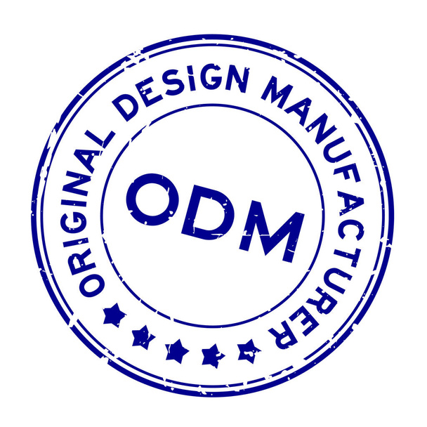 Grunge blue ODM Original Design Sello de sello de goma redondo de palabra del fabricante sobre fondo blanco - Vector, Imagen