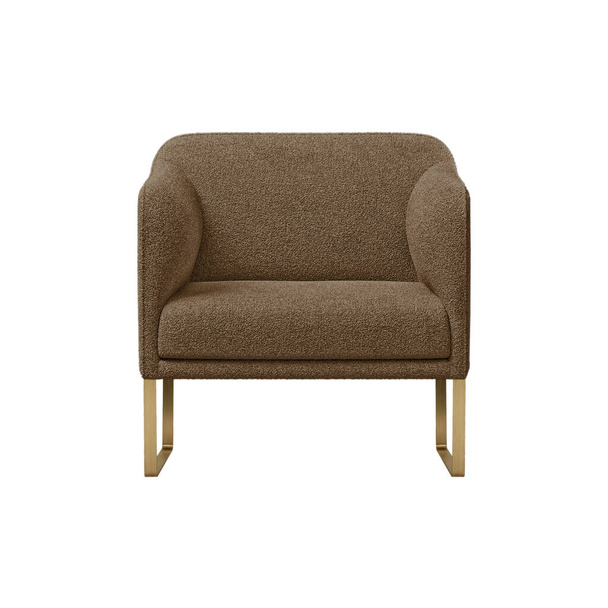 Acogedor sillón hinchado estilo art deco en terciopelo marrón sobre patas de latón con recorte camino aislado sobre fondo blanco. Serie de muebles, vista frontal - Foto, Imagen