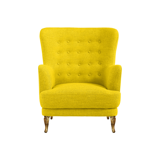 Keltainen tikattu kangas klassinen art deco tyyli nojatuoli koriste messinki jalat eristetty valkoisella pohjalla leikkausreitillä. Etunäkymä, sarja huonekaluja - Valokuva, kuva