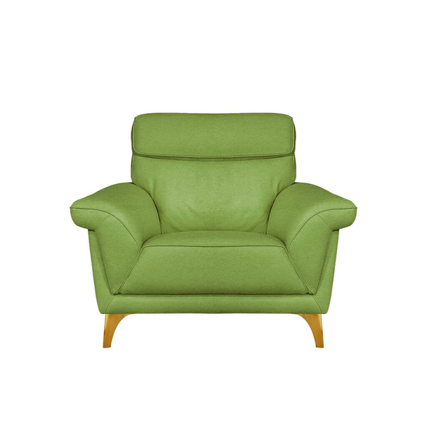 Зелене класичне шкіряне крісло на латунних ніжках ізольоване на білому тлі з відсічним контуром. Серія меблів, вид спереду
 - Фото, зображення