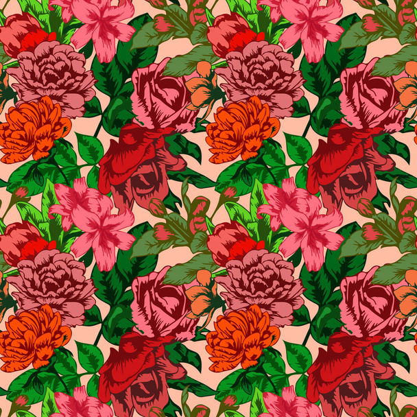 Seamless pattern with blooming roses, lily, peony, and other flowers at the garden illustration - Photo, Image