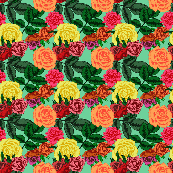 Seamless pattern with bright blooming roses and other summer flowers at the garden - Vector, Image