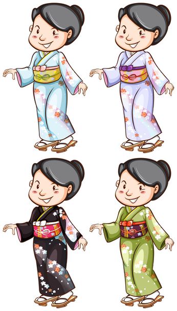 Un bosquejo simple de las niñas que usan el traje asiático
 - Vector, imagen