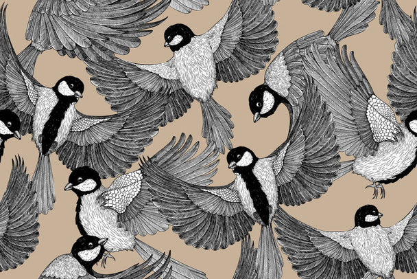  Seamless vector pattern with birds in engraving style. Graphic linear titmouse - Вектор,изображение