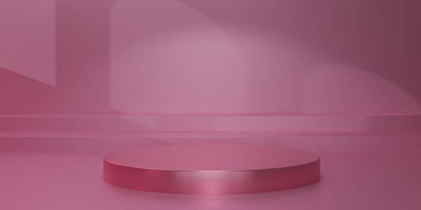 Pedestal redondo vermelho brilhante com luz e sombra em cenários de estúdio vermelho. Exposição em branco rosa ou sala limpa para mostrar o produto. Mockup minimalista para exibição de pódio ou vitrine. Renderização 3D. - Foto, Imagem