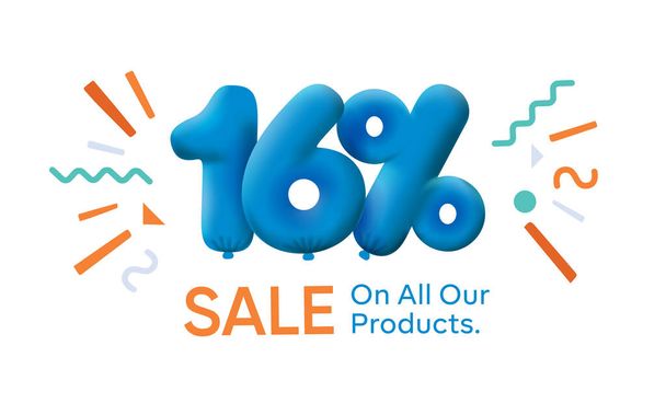 Special summer sale banner 16% έκπτωση σε μορφή 3d μπαλόνια. Blue Vector σχεδιασμός εποχιακή διαφήμιση promo ψώνια εικονογράφηση. 3d αριθμοί για ετικέτα προσφορά. Απολαύστε Εκπτώσεις μέχρι 16% έκπτωση - Διάνυσμα, εικόνα