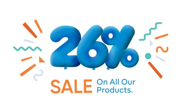 Special summer sale banner 26% έκπτωση σε μορφή 3d μπαλόνια. Blue Vector σχεδιασμός εποχιακή διαφήμιση promo ψώνια εικονογράφηση. 3d αριθμοί για ετικέτα προσφορά. Απολαύστε Εκπτώσεις μέχρι 26% έκπτωση - Διάνυσμα, εικόνα