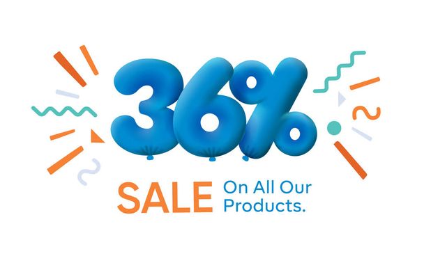 Special summer sale banner 36% έκπτωση σε μορφή 3d μπαλόνια. Blue Vector σχεδιασμός εποχιακή διαφήμιση promo ψώνια εικονογράφηση. 3d αριθμοί για ετικέτα προσφορά. Απολαύστε Εκπτώσεις μέχρι 36% έκπτωση - Διάνυσμα, εικόνα
