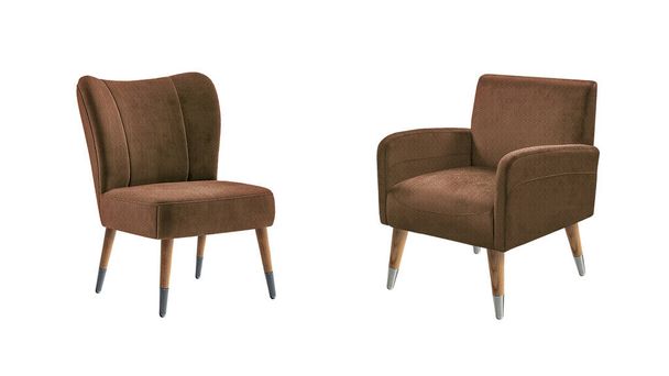 Dos sillones clásicos de estilo art déco en terciopelo marrón con patas de madera aisladas sobre fondo blanco. Serie de muebles - Foto, Imagen