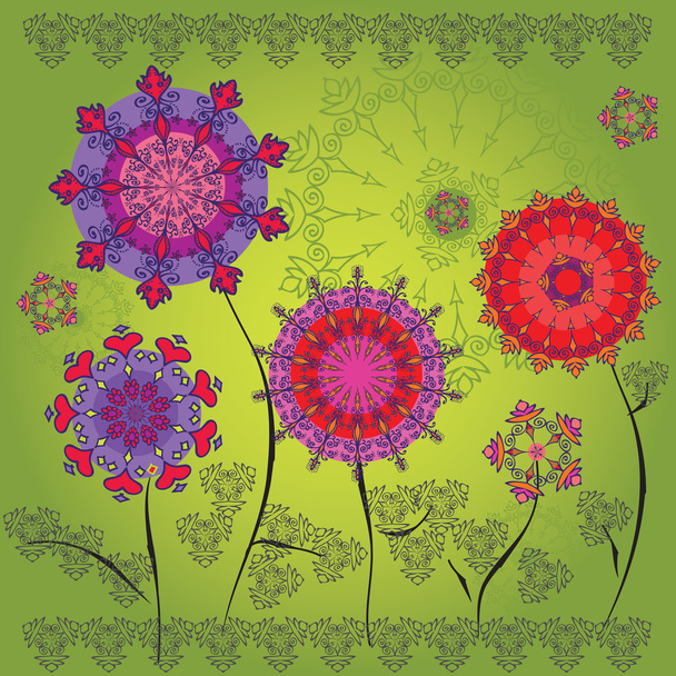 Colored mandala flowers on a green background - Vector, imagen