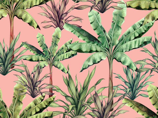 Aquarel schilderen kleurrijke boom, banaan, palm bladeren naadloos patroon achtergrond.Aquarel hand getekend illustratie tropisch exotisch blad afdrukken voor behang, textiel Hawaii aloha jungle patroon. - Foto, afbeelding