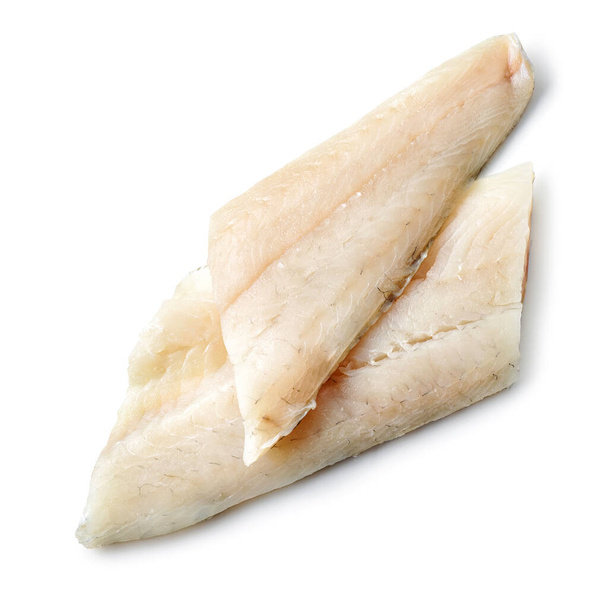 verse rauwe zander filet gesneden geïsoleerd op witte achtergrond, bovenaanzicht - Foto, afbeelding