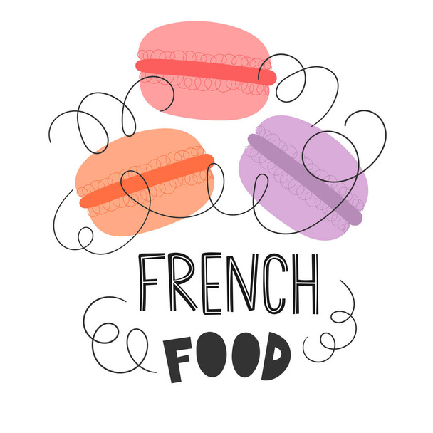 Macarons. Flat vector illustration with traditional France food. Postcard with french cuisine. Paris landmark. Clipart set. - Vettoriali, immagini