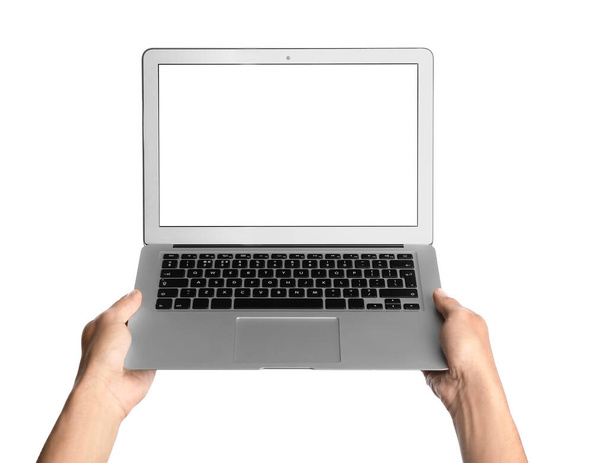 Male hands with modern laptop on white background - Photo, Image