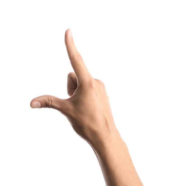 Jovem mão masculina mostrando algo no fundo branco - Foto, Imagem