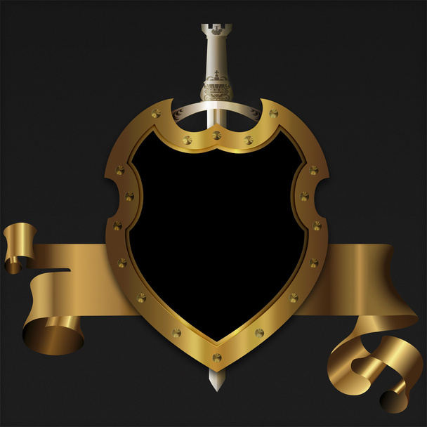 Gold medieval shield and banner. - Zdjęcie, obraz