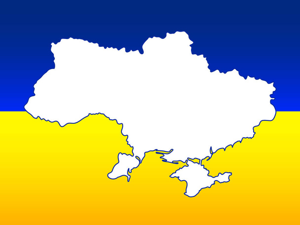 Ukraine. Bild des Territoriums des ukrainischen Staates auf den politischen Landkarten der Welt. Weiße Silhouette der Ukraine auf dem Hintergrund der ukrainischen Flagge. Vektor - Vektor, Bild