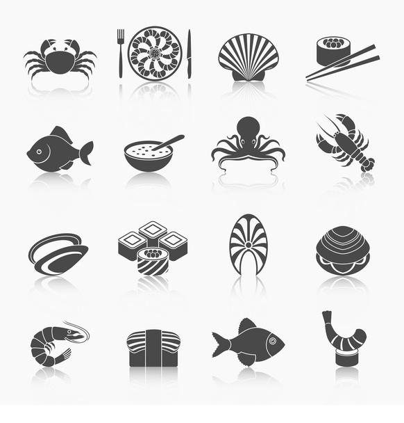 Meeresfrüchte-Ikonen schwarz gesetzt - Vektor, Bild