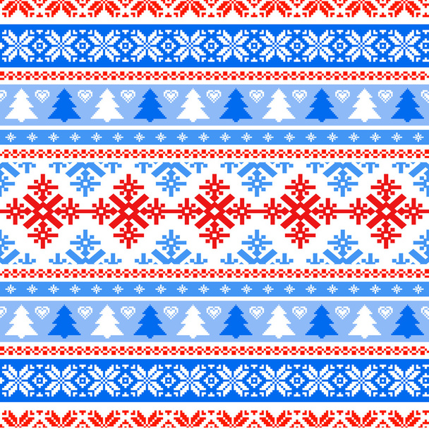 Traditional knitted background with Christmas trees and snowflak - Vector, Image