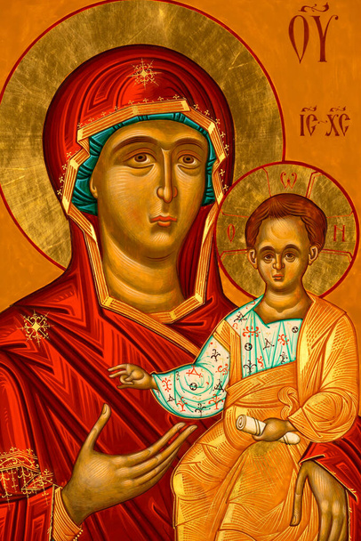Ікона, намальована у візантійському або ортодоксальному стилі, зображує Діву Марію та Ісуса.. - Фото, зображення