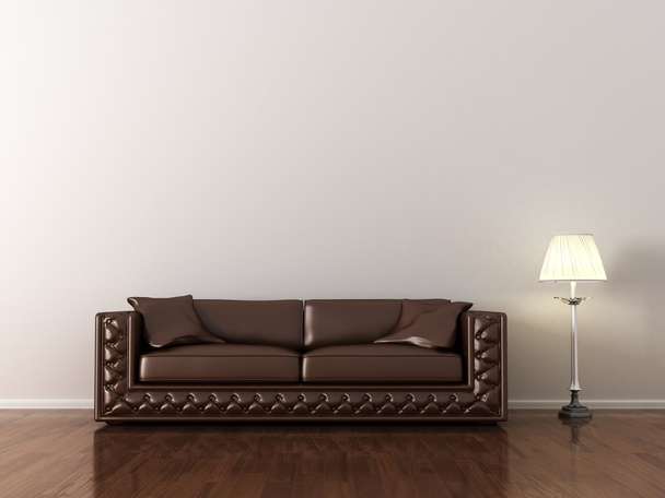 εσωτερικού, δερμάτινο καναπέ στο λευκό δωμάτιο - Φωτογραφία, εικόνα
