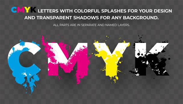 CMYK letters met kleurrijke spatten voor uw ontwerp. Drukkerij concept. Vectorillustratie. - Vector, afbeelding