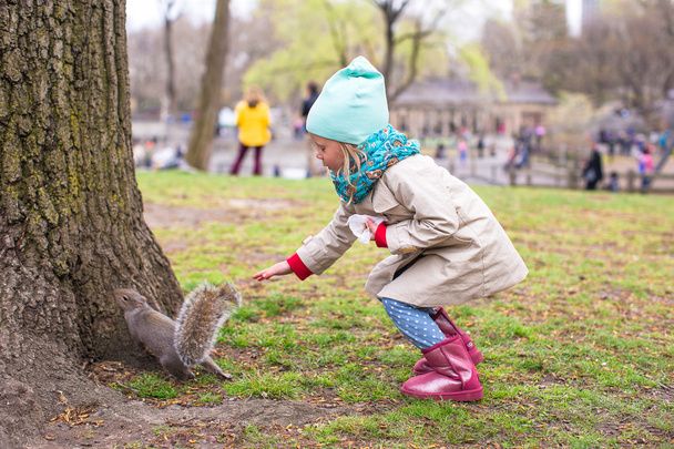 Little girl feeds a squirrel in Central park, New York, America - Foto, Bild