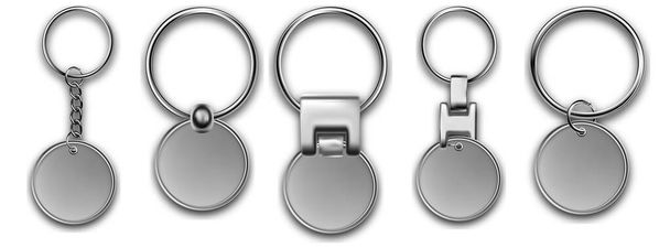 Kulcsláncok kerek kulcsgyűrű tartók elszigetelt fehér háttér. Ezüst színű tartozékok vagy szuvenír függők mockup.Realisztikus kulcstartó sablon készlet. - Vektor, kép