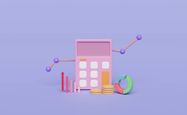Icono de calculadora 3D con pila de monedas, gráficos gráfico aislado sobre fondo púrpura. análisis que calcula el concepto de riesgo financiero, ilustración de renderizado 3d - Foto, imagen