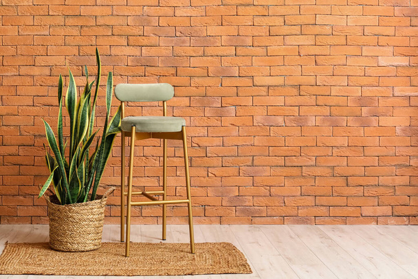 New chair with houseplant near brick wall - 写真・画像
